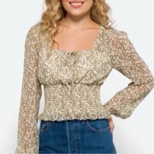 Nine Britton Cream Tan Pattern Smocked Sheer Blouse Size L Long Sleeve